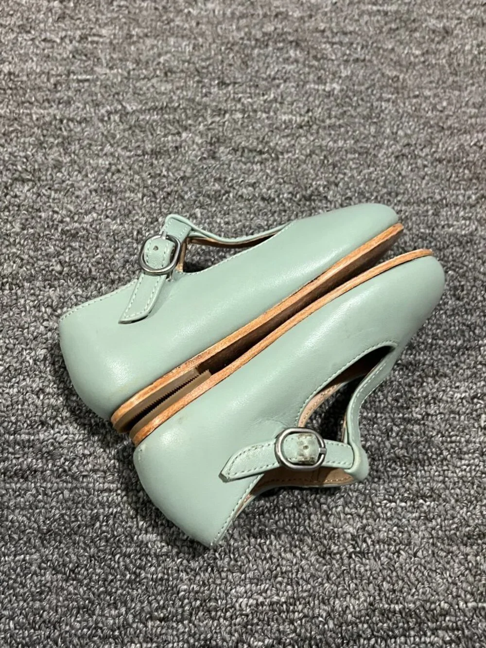 Zara Toddler Girl Leather T Strap Ballet Flats Sheepskin Rubber Sole Green Sz 22